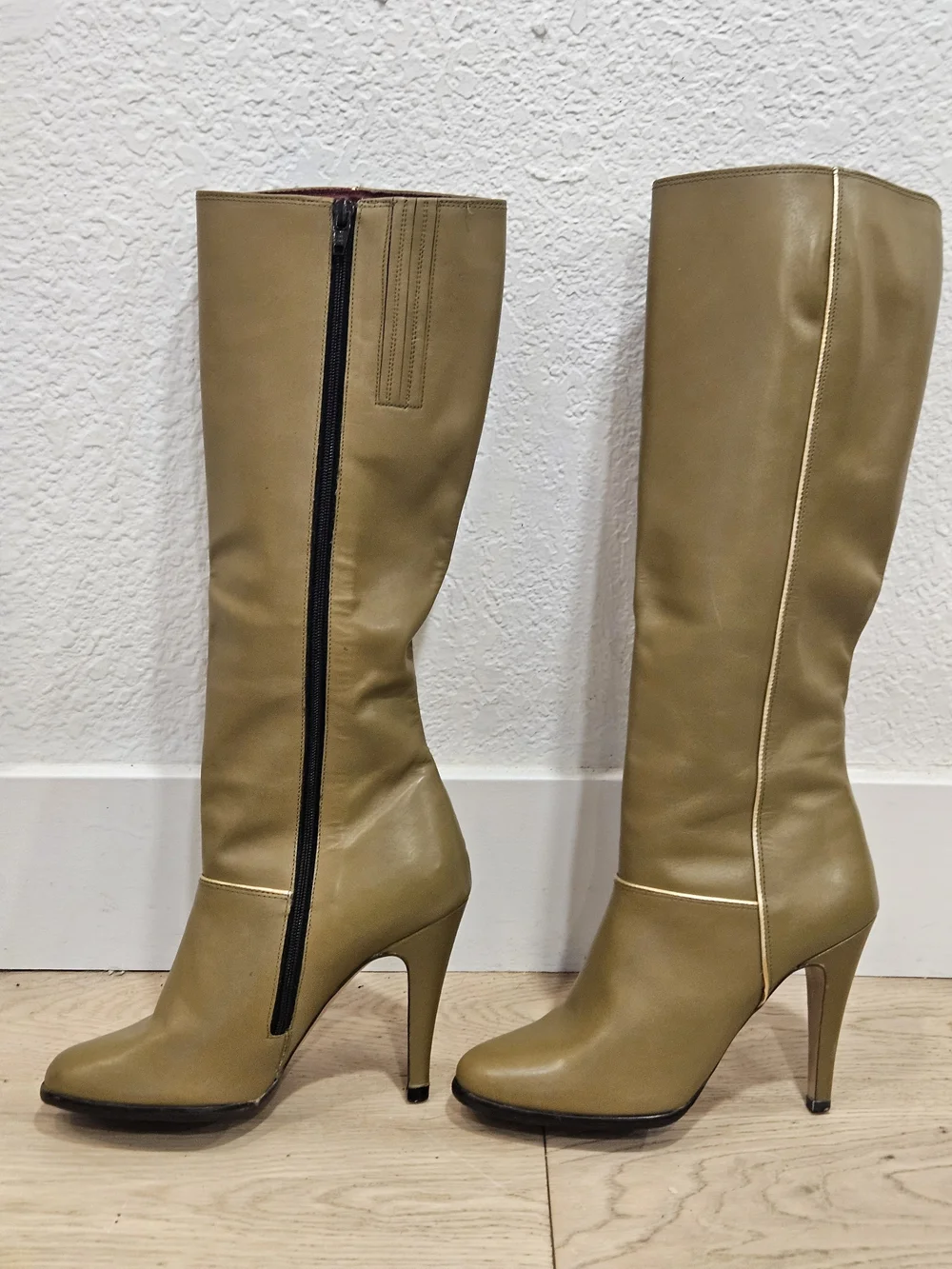 Vintage The Wild Pair Olive Leather Stiletto Knee High Boots Retro 1970/80s